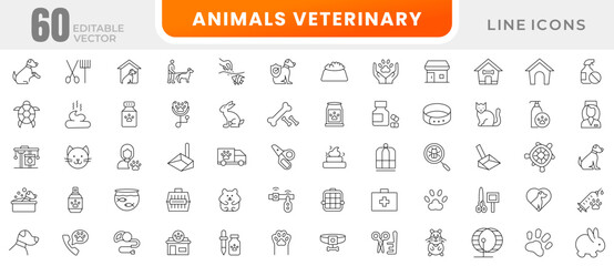 Veterinary, pet, vet, pet shop, dog care, training, cat, food line icons set collection. Outline icon collection. Pets line icons. Lovely animals icon pack. Animal editable stroke icon set.