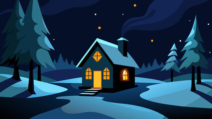  Beautiful winter snow, cottage covered with snow, torchlight outside of the cottage, night mode background, vector art illustration