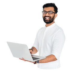 Man holding laptop png element, transparent background