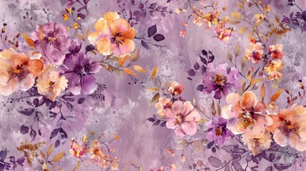 Wall Mural - Beautiful watercolor floral textile design featuring elegant purple and orange blossoms