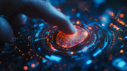 Wall Mural - a hand is touching a blue and orange circle that looks like a fingerprint. the image has a futuristi
