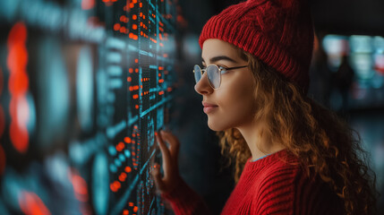 Wall Mural - A woman wearing a red hat and glasses is looking at a computer screen with a red background. She is pointing at something on the screen