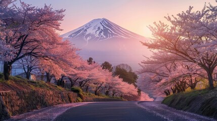 Wall Mural - enchanting cherry blossom garden in full bloom delicate pink petals frame winding pathways soft diffused sunlight creates a dreamlike atmosphere mount fuji silhouette visible in the distance