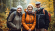 © halo - senior people group hiking in the forest in autumn, portrait looking at camera, photography.
