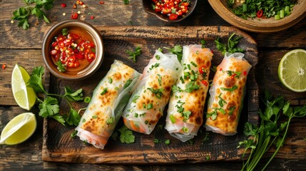 Wall Mural - Indulge in the delightful combination of tasty fresh spring rolls served with a flavorful dipping sauce