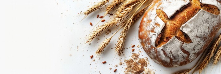 Aufkleber - A freshly baked bread loaf, made with wheat flour, sits on a white background. A few golden wheat stalks are scattered around the bread, creating a rustic and natural feel. Generative AI