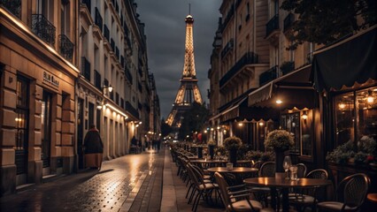 romantic Parisian street scene, with the Eiffel Tower in the background and cafes lining the sidewalk.