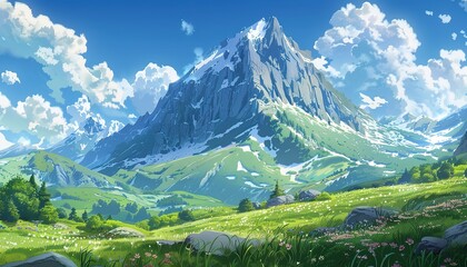 Wall Mural - A beautiful mountain landscape with a large mountain in the background anime cartoon style