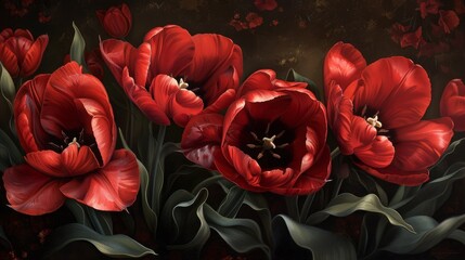 Wall Mural - An upclose perspective showcasing vibrant crimson tulips set against a backdrop of lush dark green foliage