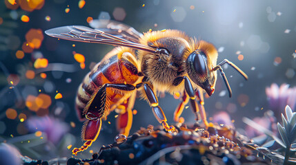 Wall Mural - A vibrant macro shot of a honeybee on a flower with glowing pollen, highlighting nature and biodiversity.