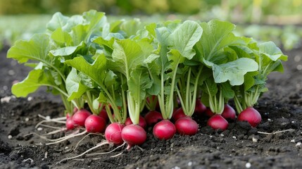 Wall Mural - An upclose look at radishes freshly grown in a vibrant garden bed, bursting with color and texture