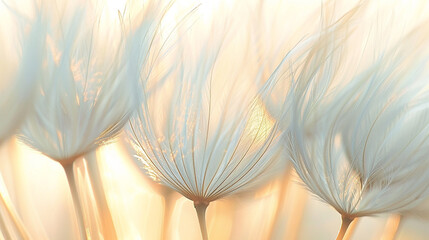 Wall Mural - Close-up of delicate dandelion seeds with sunlight shining through, symbolizing fragility and beauty in nature, with a soft focus.