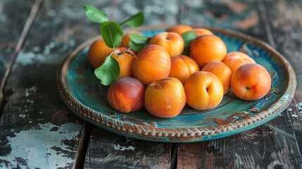 Wall Mural - A beautiful display of fresh apricots on a vintage blue plate set against a rustic wooden background