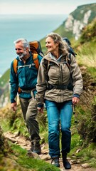 Wall Mural - A happy middle aged couple hiking on a coastal path