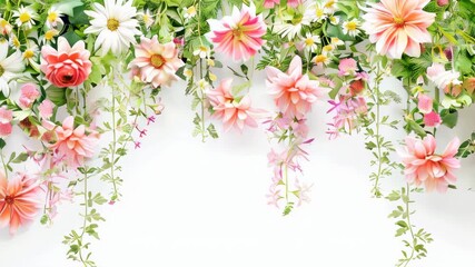 Summer flowers hanging against a white background