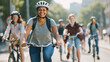 © Arcane Imaginarium - Group of happy cyclists on bicycles commuting or out for a bike ride on city streets