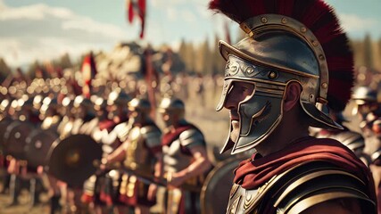 A cinematic still of Roman soldiers on the battlefield