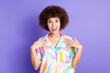 © deagreez - Photo portrait of lovely young lady point self amazed dressed stylish colorful garment isolated on violet color background