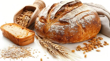 Aufkleber - A freshly baked wheat bread loaf sits on a white surface, surrounded by wheat kernels and a few stalks of wheat.