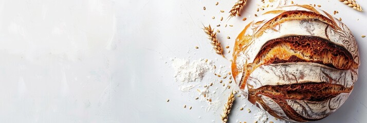 Aufkleber - A freshly baked wheat bread loaf with a golden brown crust is shown on a white background, with wheat stalks and flour scattered around it.