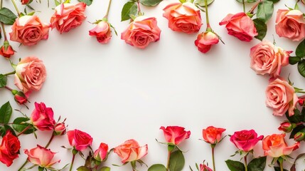 Wall Mural - Roses in a floral border on a white backdrop with space for text