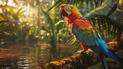 Poster - Colorful Macaw Parrot on Branch in Tropical Jungle - Realistic Digital Illustration