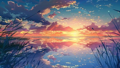 Wall Mural - A beautiful sunset is reflected on the water anime cartoon style