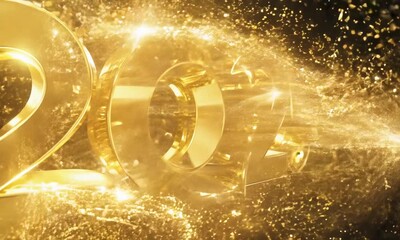 Wall Mural - happy new year 2025 golden numbers on dark background. a swirling vortex of golden light shine parti