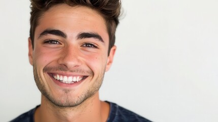 portrait of charismatic young man closeup shot highlighting genuine smile and engaging eyes clean white background emphasizes facial features and approachable demeanor