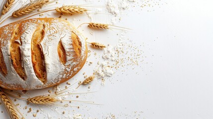 Aufkleber - A freshly baked bread loaf dusted with flour and surrounded by wheat stalks on a white background.