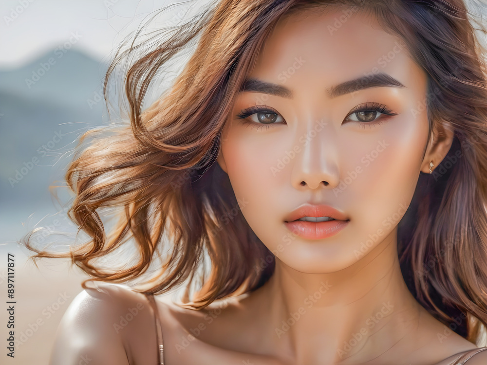 Beautiful Asian woman with long and shiny wavy hair. Beauty model girl ...