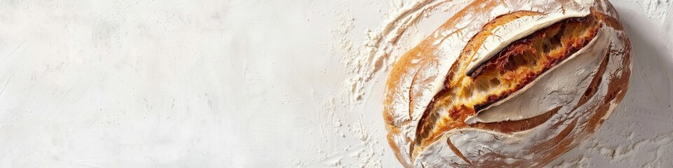 Aufkleber - A freshly baked loaf of wheat bread sits on a white background, dusted with flour.