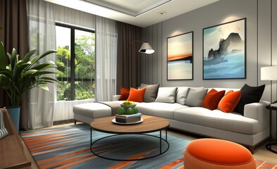 interior of modern living room with orange and black sofa