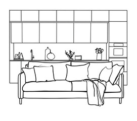 Wall Mural - Kitchen interior with sofa, sketch