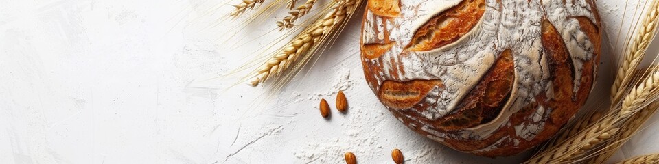 Aufkleber - A freshly baked loaf of wheat bread sits on a white background, surrounded by sprigs of wheat and almonds.