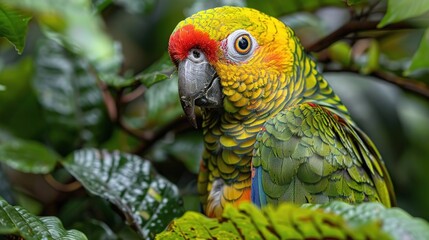 Poster - Close-Up Photo of a Yellow-Headed Amazon Parrot in Green Foliage