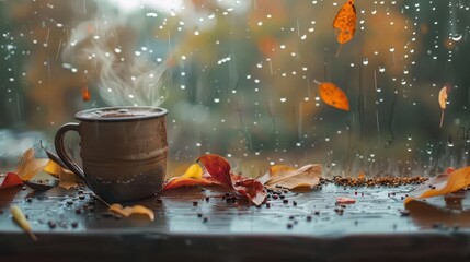 Canvas Print - steaming artisanal coffee in a rustic mug perched on a foggy window ledge cozy autumn scene with fallen leaves and raindrops embodying hygge lifestyle aesthetics