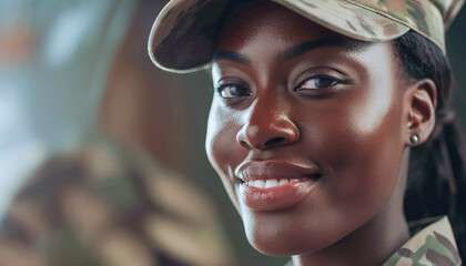 Wall Mural - Close-up portrait of beautiful black woman wearing military uniform.