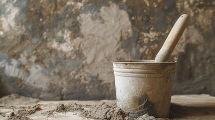 Sticker - Mortar trowel in bucket at construction site front view with copy space