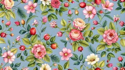 Wall Mural - seamless floral pattern, delicate rosehip flowers on a blue background