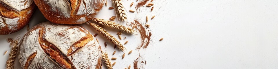 Aufkleber - Three loaves of freshly baked bread with wheat stalks scattered around on a white background.