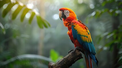 Wall Mural - Scarlet Macaw Perched on a Branch in a Lush Rainforest Photograph