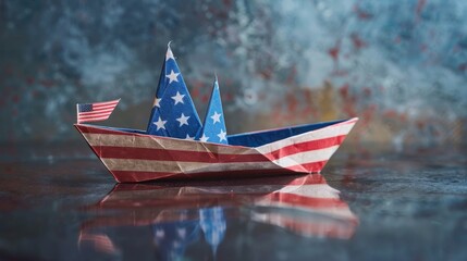 A red, white, and blue origami boat with an American flag on the front floats on a reflective surface symbolizing patriotism, freedom, hope, and the journey ahead.