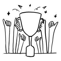 Poster - Hands holding trophy png sticker, teamwork success doodle, transparent background