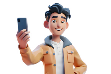 Poster - 3d cartoon guy character using cell phone and taking a selfie isolated on transparent background