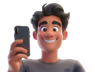 Poster - 3d cartoon guy character using cell phone and taking a selfie isolated on transparent background