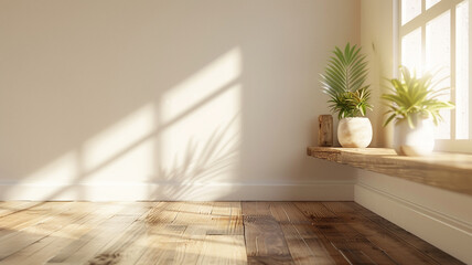 Wall Mural - a modern minimalist room with a wood floor and white wall background