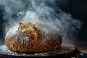 Round loaf of sourdough bread fresh from the oven releasing steam on a dark background