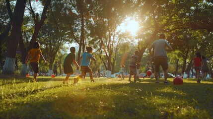 Children playing with a red ball in a grassy park at sunset.