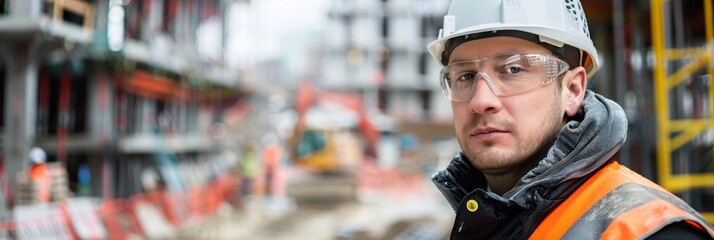 Wall Mural - A construction worker wearing a hard hat and safety glasses looks directly at the camera while standing on a building site